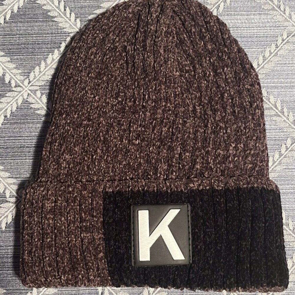 BROWN AND BLACK FAUX FLEECE BEANIE WITH LETTER “K” UNISEX